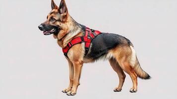 A german shepherd dog wearing a harness on a white background photo