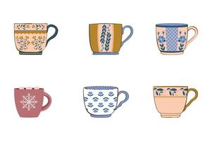illustration set features a variety of coffee cups and mugs, ideal for hot beverages like espresso, cappuccino, latte, or tea, with a clean, modern design suitable for cafe icons or breakfast vector