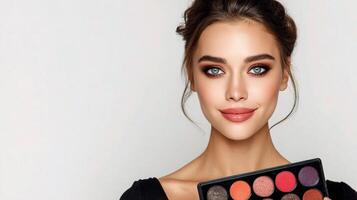 Beautiful woman holding a palette of eye shadow photo
