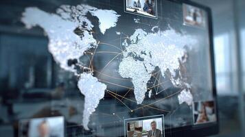 Business people on a map in a conference room photo