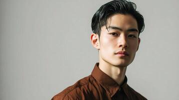 A young man in a brown shirt looking at the camera photo