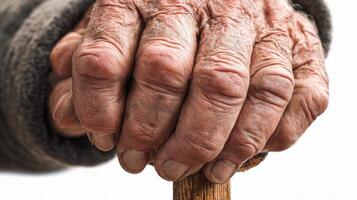 An elderly person's hands holding a wooden stick photo