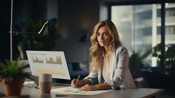 A woman sitting at a desk with a laptop and a pen photo