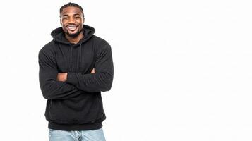 A man in a black hoodie is smiling photo