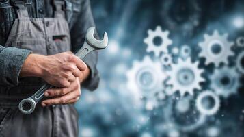 A man holding a wrench in his hand photo