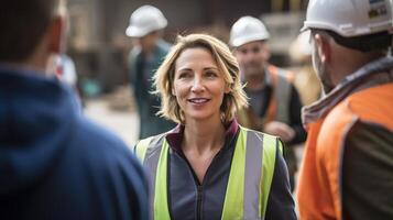 A woman in a safety vest talking to other people photo