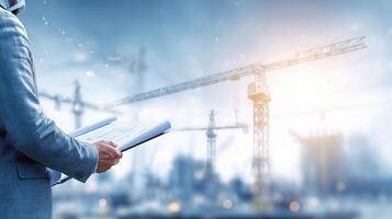 Construction business concept with crane and man in business suit holding a blue folder photo