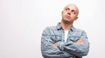 A bald man with his arms crossed looking up photo