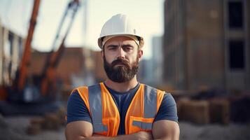 A man with a beard and hard hat standing in front of a construction site photo