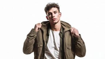 A young man in a jacket and white shirt photo