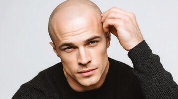 A bald man with a black sweater photo
