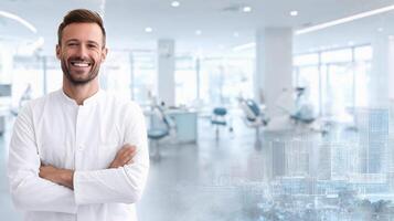 A smiling man in a white coat standing in a dental office photo