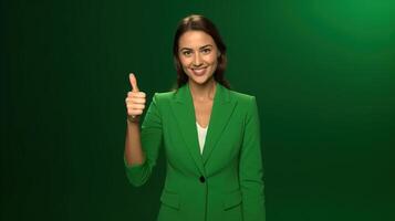 A woman in a green suit giving the thumbs up photo