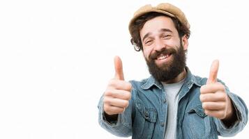 A man with a beard and hat is giving a thumbs up photo