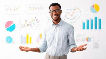 A man in glasses is standing in front of a white board with graphs and charts photo