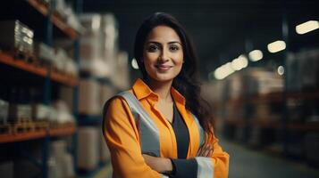 A woman in an orange vest standing in a warehouse photo