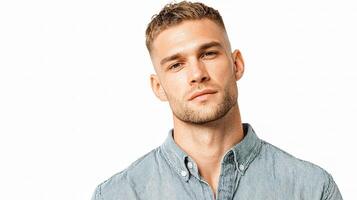 A man in a blue shirt looking up photo