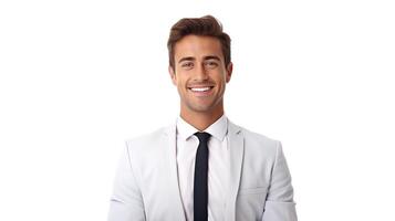 A man in a white suit and tie smiling photo