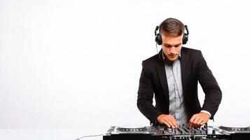 A man in a suit is mixing music on a dj mixer photo