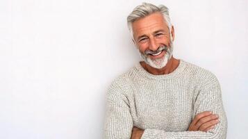 A man with a gray beard and white hair is smiling photo