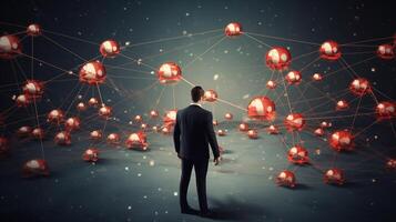 A man in a suit standing in front of a network of red spheres photo