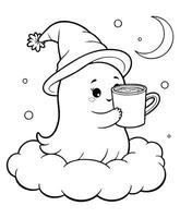 Ghost on Marshmallow Cloud with Cocoa Under Smiling Moon coloring page vector