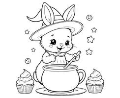 Bunny Stirring Starry Potion with Floating Cupcakes coloring page vector