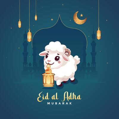 Beautiful Eid al Adha greeting art featuring a goat holding an Arabic lantern with a rich Arabian cultural background. Elegant abstract illustration design for the festive season