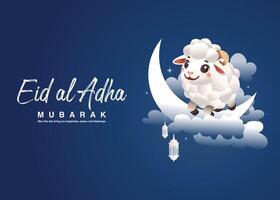 Beautiful Eid al Adha greeting art featuring a cute sheep, white lantern, clouds, half moon, and a dark Arabian cultural background with Eid Mubarak text. Abstract design vector