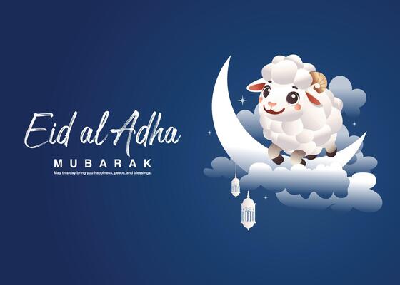 Beautiful Eid al Adha greeting art featuring a cute sheep, white lantern, clouds, half moon, and a dark Arabian cultural background with Eid Mubarak text. Abstract design