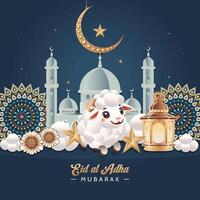 Eid al Adha greeting art with cute sheep, lantern, clouds, mosque, mandala, half moon, and dark Arabian background. Eid Mubarak text in elegant abstract design vector