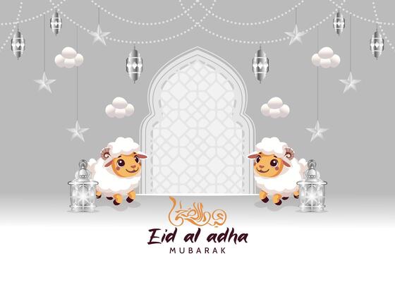 3D cartoon sheep with mosque shaped door, hanging lanterns, stars, and clouds on a gray background perfect for posters, banners, or greeting cards