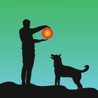 Man playing with his dog with a ball in a gradient landscape vector