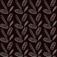 Seamless pattern with hand drawn bakery products and wheat ears in vintage engraving style on a brown background vector