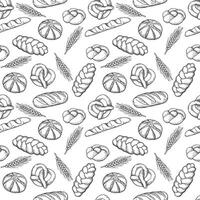 Seamless pattern with hand-drawn bakery products and wheat ears in vintage engraving style on a white background vector