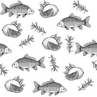 Seamless pattern with hand-drawn fish, lemon slices and herbs in vintage engraving style vector