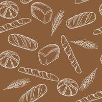 Seamless pattern with hand-drawn bakery products and wheat ears in vintage engraving style vector
