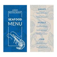 Seafood restaurant menu template with hand-drawn shellfish and shrimp illustrations vector