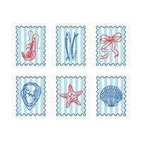 Stamp with sea shells, shrimp, sardines, starfish and coquette bow. Summer design in line art. vector
