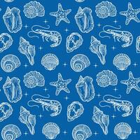 Seamless marine life pattern with seashells, starfish, and shrimp. vector