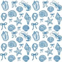 Seamless marine life pattern with seashells, starfish, and shrimp on a white background vector
