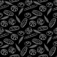 Seamless pattern with hand-drawn bakery products and wheat ears in vintage engraving style on a black background vector