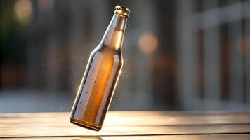 Glass Bottle on Wooden Table with Condensation Droplets photo