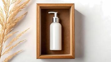 Cosmetic Bottle Display with Wooden Frame and Wheat Decor photo