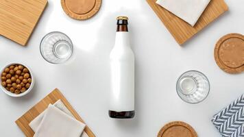 Bottle with Blank Label on Table Setting Top View photo