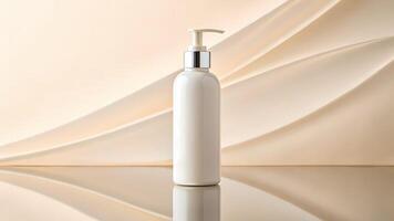 Bottle with Pump on Reflective Surface in Front of Flowing Fabric photo