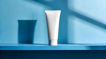 Tube Container Mockup on Shelf with Light and Shadow photo