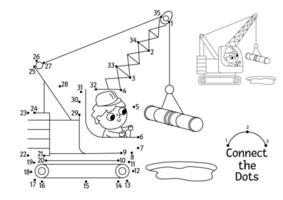 construction site dot-to-dot and color activity with crawler crane. Building works line connect the dots game for children. Printable worksheet or coloring page with industrial vehicle vector