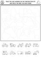 Construction site black and white tracing, shape recognition activity with industrial vehicles. Building works line puzzle with dashed truck contours. Find and circle correct silhouette coloring page vector