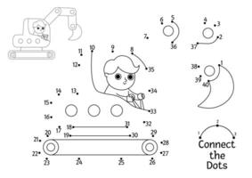 construction site dot-to-dot and color activity with excavator. Building works line connect the dots game for children. Printable worksheet or coloring page with industrial vehicle vector